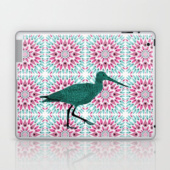 Sandpiper bird walking on a pink and turquoise mandala paisley explosion pattern Laptop & iPad Skin