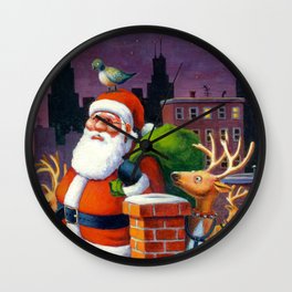 Santa's Tight Squeeze Wall Clock | Illustration, Cityrooftop, Acrylic, Santaclaus, Painting, Christmaseve, Reindeer, Other 