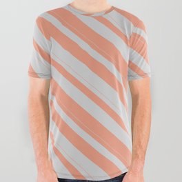 [ Thumbnail: Light Gray & Dark Salmon Colored Lines/Stripes Pattern All Over Graphic Tee ]