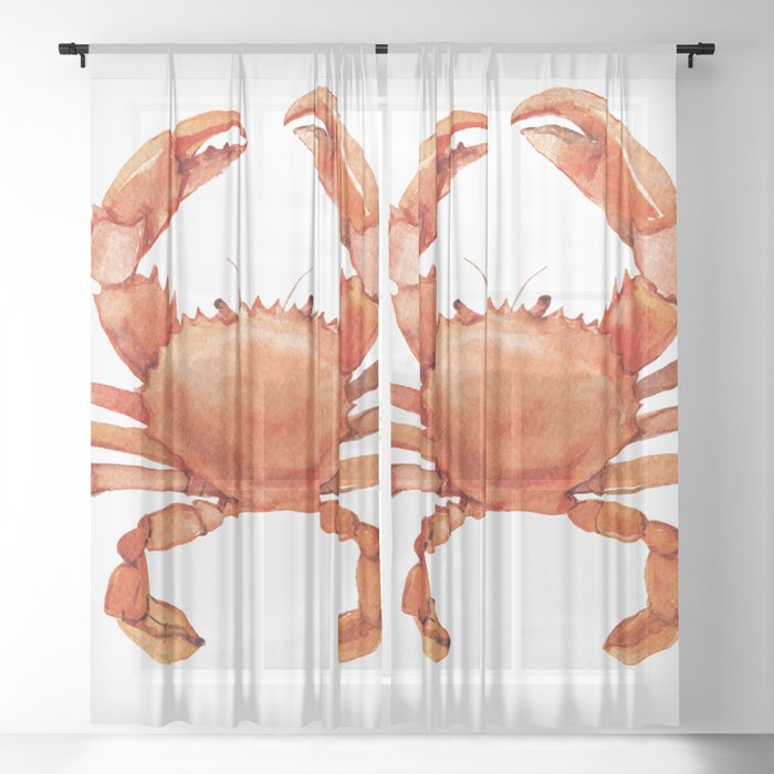 Watercolor Red Crab on White Minimalist Coastal Art - Treasures of the Sea Collection Sheer Curtain