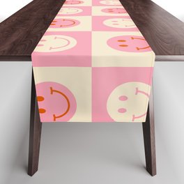 70s Retro Smiley Face Tile Pattern in Pink & Beige Table Runner