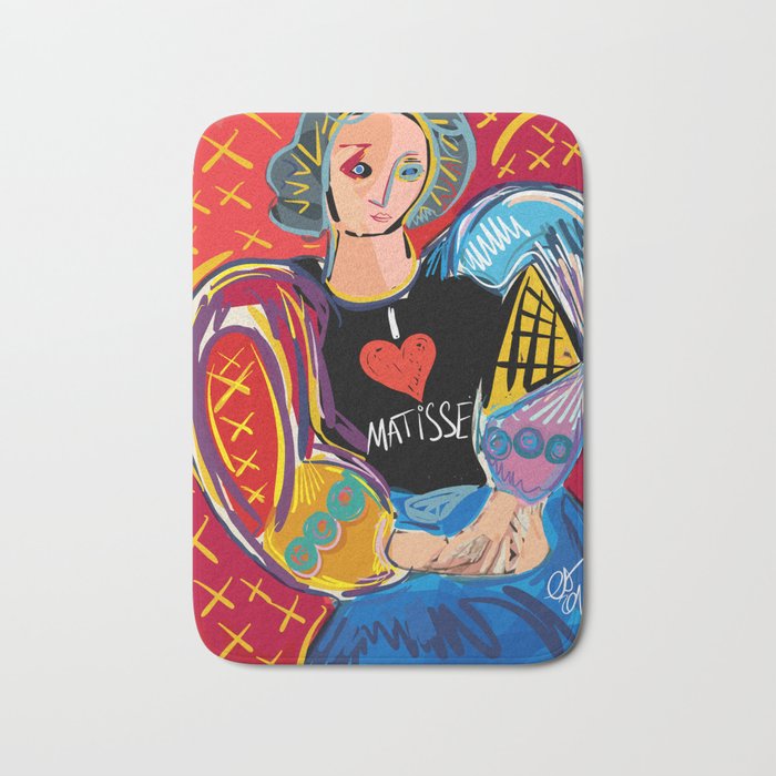 Portrait of a girl with a shirt "I Love Matisse" Bath Mat