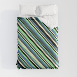 [ Thumbnail: Colorful Green, Blue, Dark Slate Gray, Light Yellow, and Black Colored Stripes/Lines Pattern Duvet Cover ]