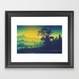 Nightfall at Katah - Nature Ukiyo Landscape in Green, Blue and Orange Framed Art Print