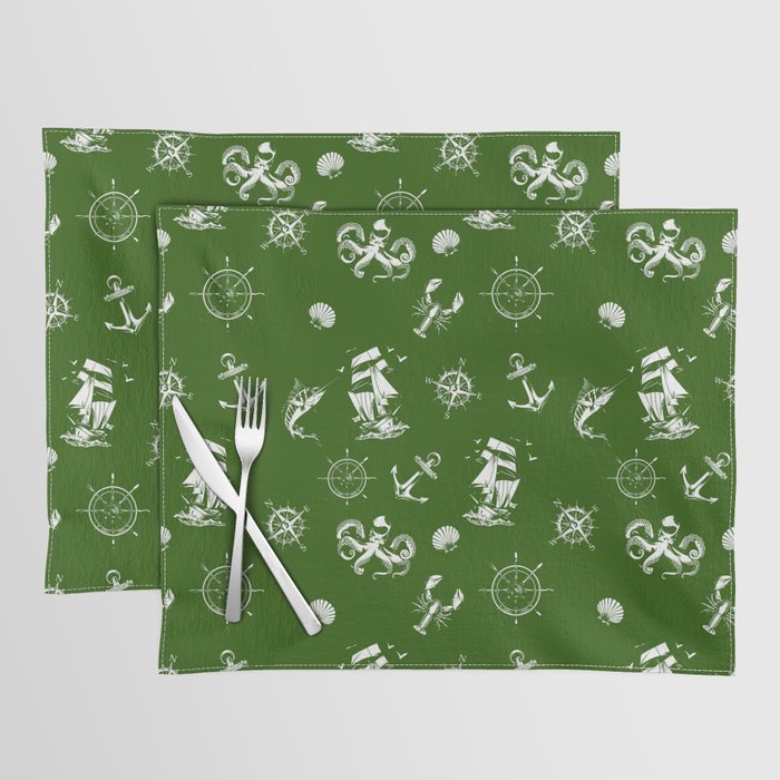 Green And White Silhouettes Of Vintage Nautical Pattern Placemat