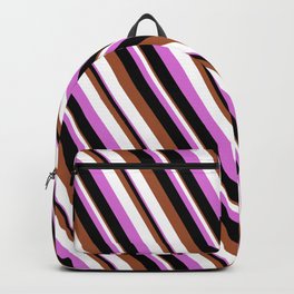 [ Thumbnail: Sienna, White, Orchid & Black Colored Striped Pattern Backpack ]