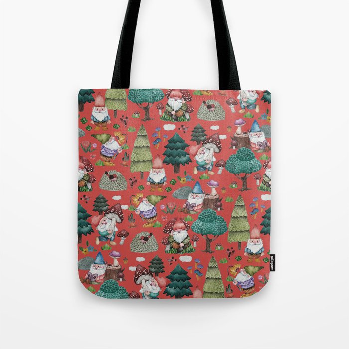 Gnomes mushroom forest - red Tote Bag