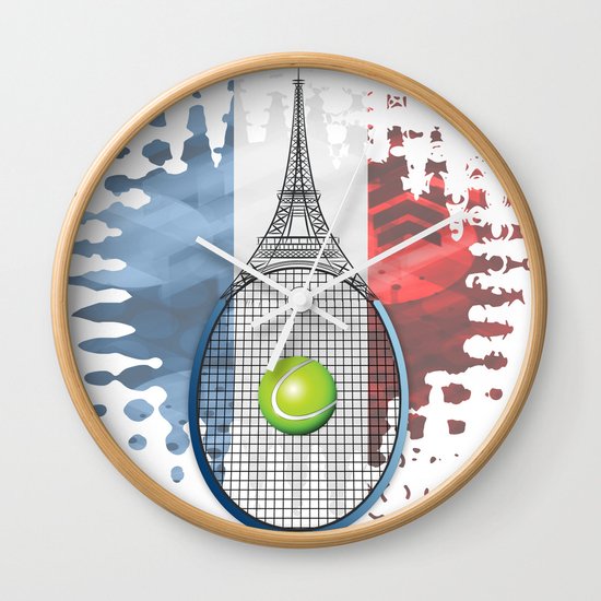 Racquet Eiffel Tower with French flag colors in background Wall Clock