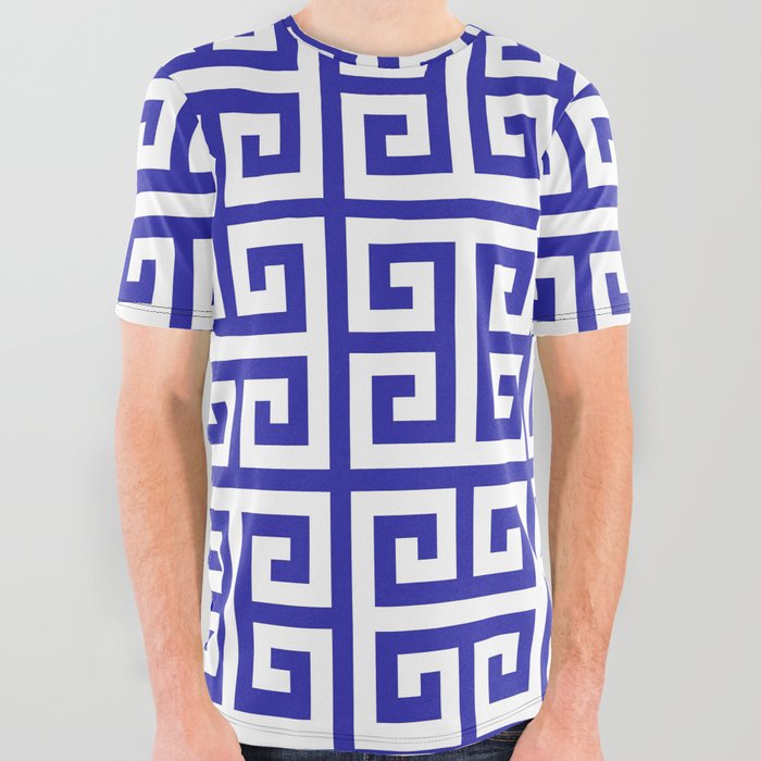 All Over Graphic Tee | Greek Key (Navy Blue & White Pattern) by Lxlbx8 - Large - Society6