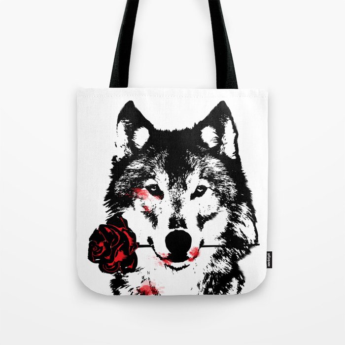 Wolf blood stained, holding a red rose. Tote Bag