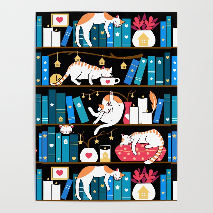 Library cats - ocean blue and raspberry red Poster