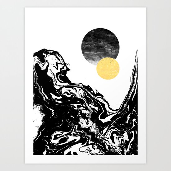 Eugenia - abstract mixed media black white gold foil sunrise sunset painting earth galaxy space sea Art Print