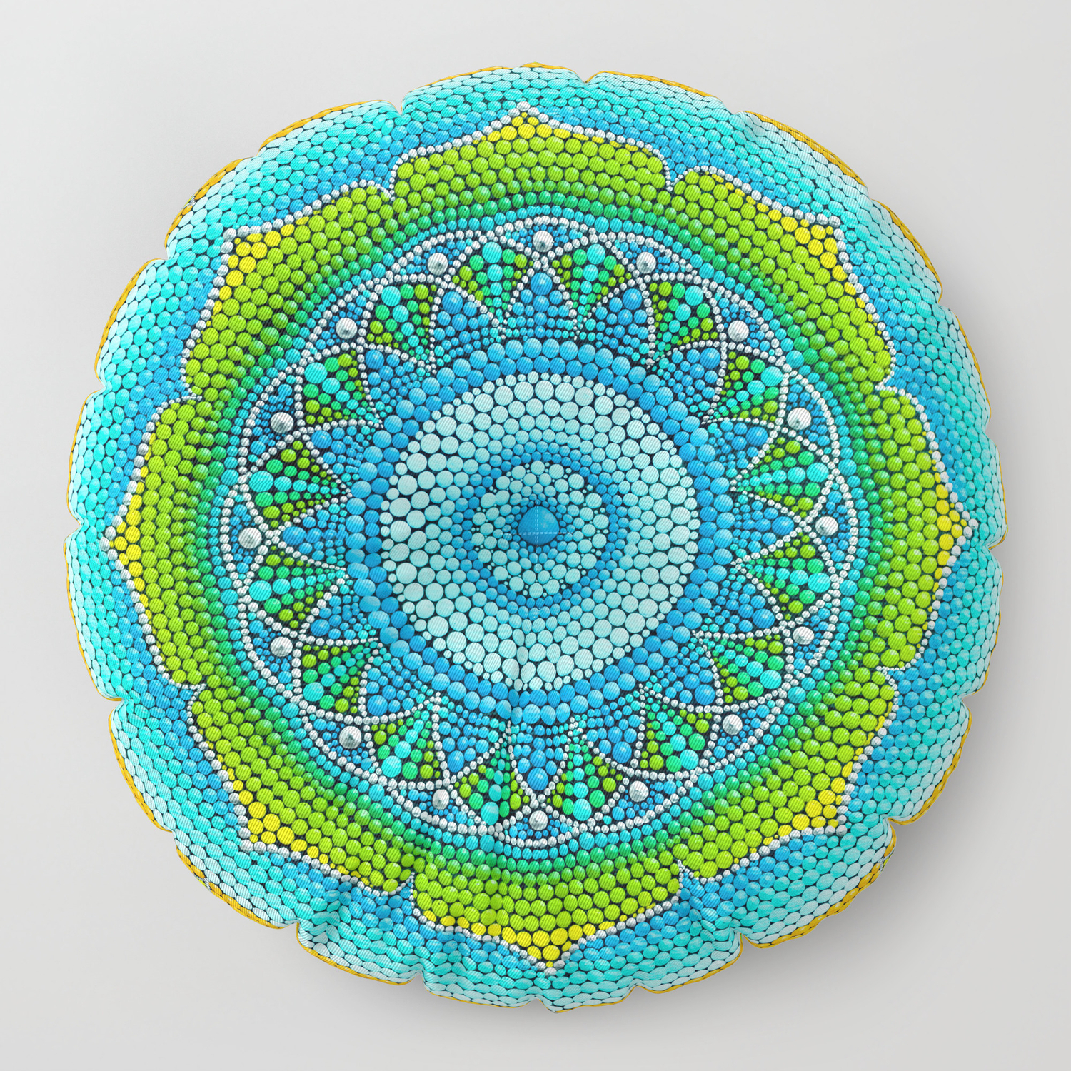 Green Yellow Mandala Painting On Canvas Floor Pillow By