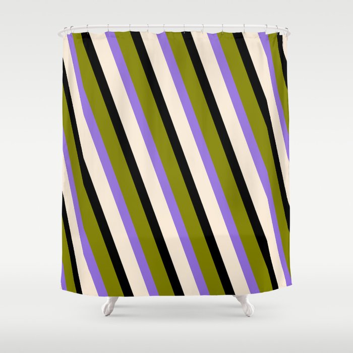 Green, Purple, Beige, and Black Colored Stripes/Lines Pattern Shower Curtain