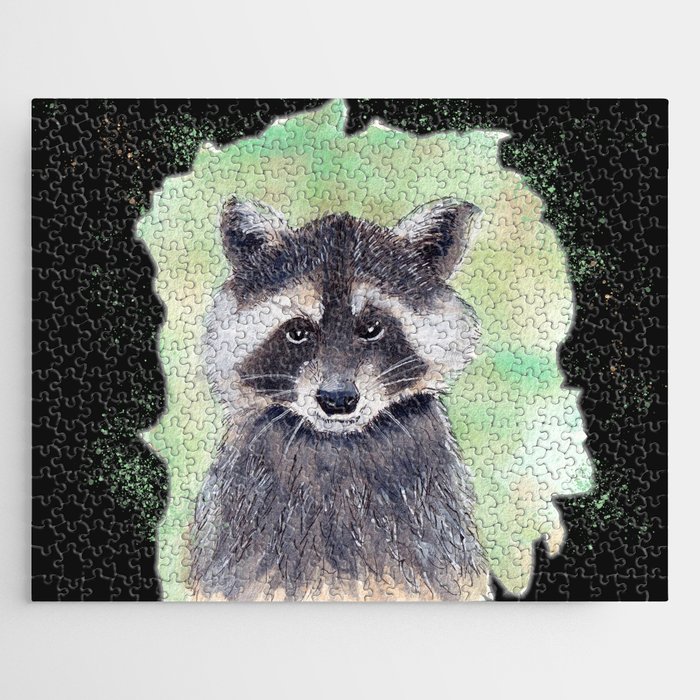 Raccoon Portrait Watercolor Black Background Jigsaw Puzzle