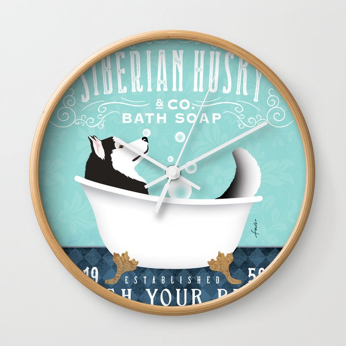 Siberian Husky dog bath tub clawfoot bubble soap wash your paws art artwork  Wall Clock
