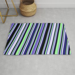 [ Thumbnail: Slate Blue, Lavender, Midnight Blue, Black & Green Colored Lines/Stripes Pattern Rug ]