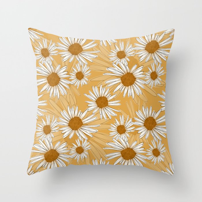 Wild Daisies Flowers Yellow - Boho Floral Throw Pillow