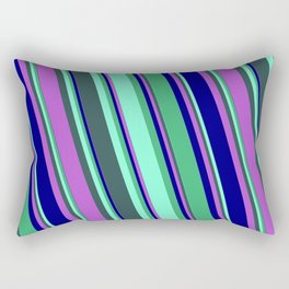 [ Thumbnail: Eyecatching Sea Green, Aquamarine, Dark Slate Gray, Orchid, and Blue Colored Lines Pattern Rectangular Pillow ]