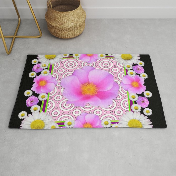 Floral Abundance Black Shasta Daisy Pink Roses Abstract Art For the home or the office and gifts fro Rug