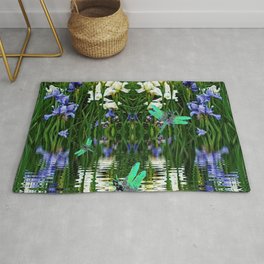 TURQUOISE DRAGONFLIES IRIS WATER REFLECTIONS Rug