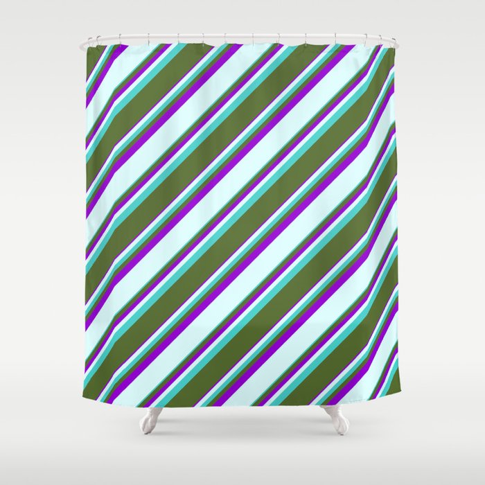 Turquoise, Dark Olive Green, Dark Violet & Light Cyan Colored Striped/Lined Pattern Shower Curtain
