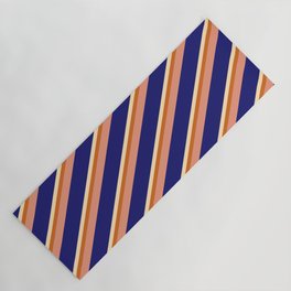 [ Thumbnail: Beige, Chocolate, Dark Salmon, and Midnight Blue Colored Pattern of Stripes Yoga Mat ]