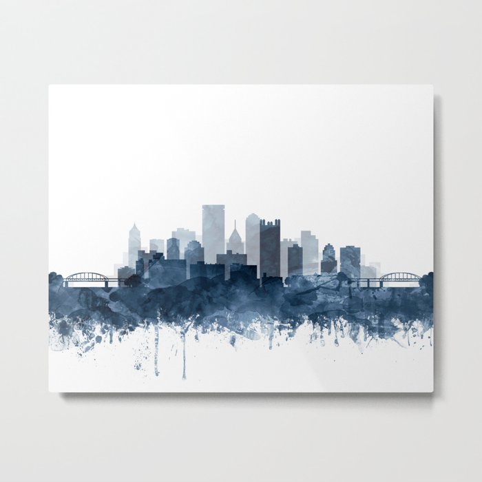 Pittsburgh City Skyline Watercolor Blue by Zouzounio Art Metal Print