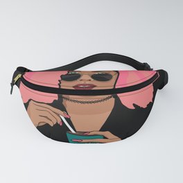 Woman with pink hair, sunglasses and piercings stirring coffee Fanny Pack