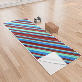 [ Thumbnail: Brown, Aquamarine, Blue, and Maroon Colored Striped/Lined Pattern Yoga Towel ]