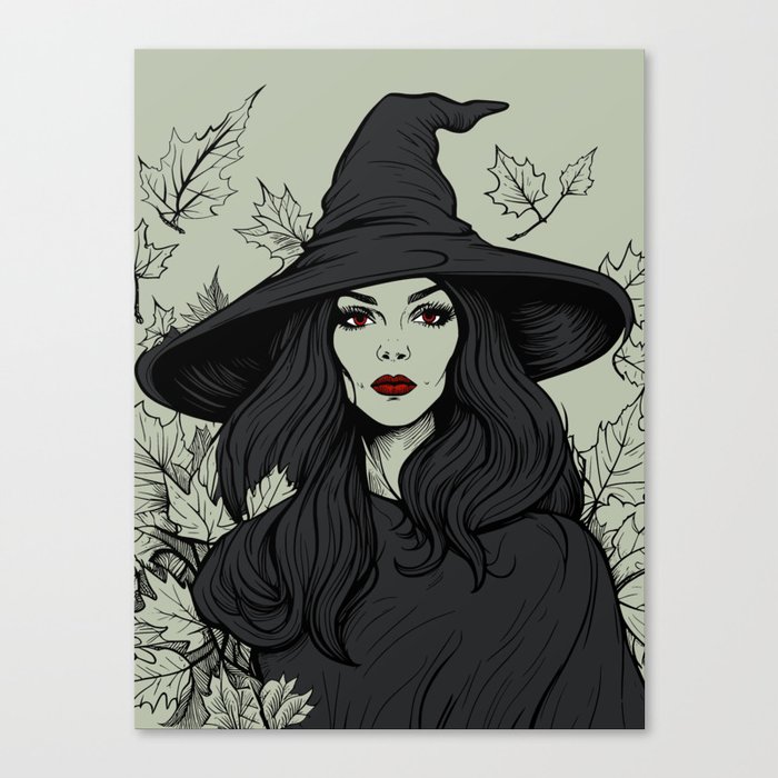 Witch and Autumn Leaves Vintage Horror Halloween Green Sage Black Charcoal Red Canvas Print