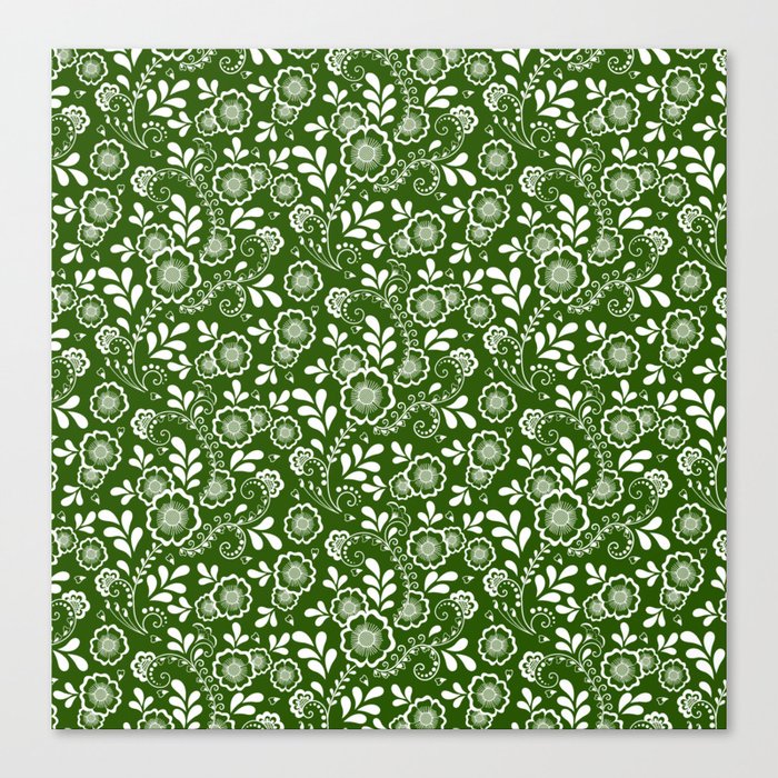 Green And White Eastern Floral Pattern Canvas Print