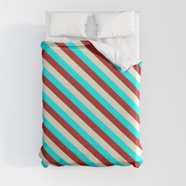 [ Thumbnail: Aqua, Red & Beige Colored Pattern of Stripes Duvet Cover ]
