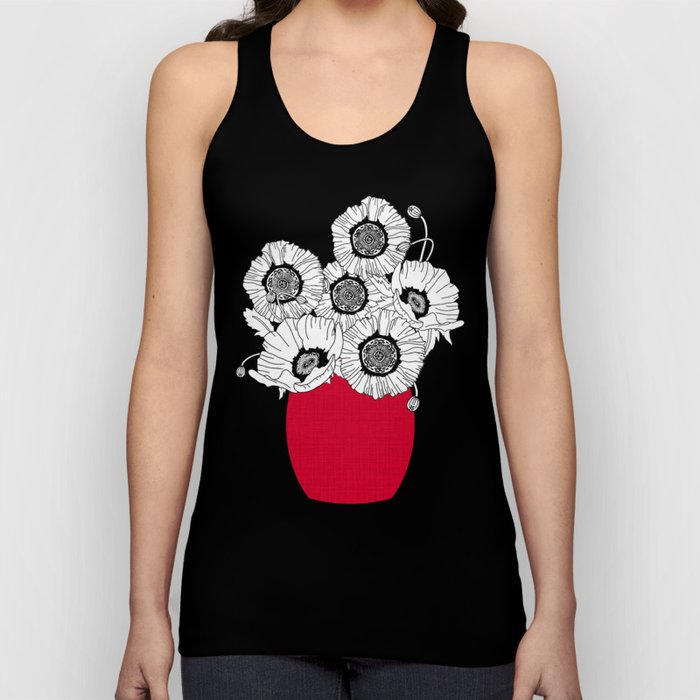 Black and White Poppies in a Red Vase Tank Top