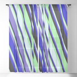 [ Thumbnail: Green, Light Cyan, Slate Blue, Blue, and Black Colored Stripes Pattern Sheer Curtain ]