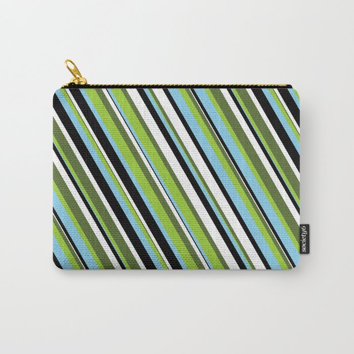 Eye-catching Dark Olive Green, Green, Sky Blue, Black & White Colored Stripes/Lines Pattern Carry-All Pouch