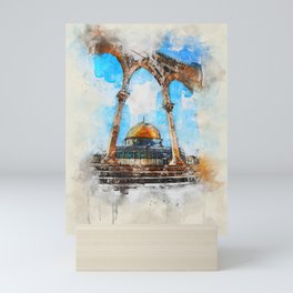 painting. Watercolor Al-Aqsa Mosque Dome of the Rock in the Old City - Jerusalem, Israel Mini Art Print