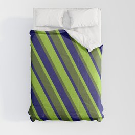 [ Thumbnail: Green, Dark Olive Green, and Midnight Blue Colored Pattern of Stripes Comforter ]