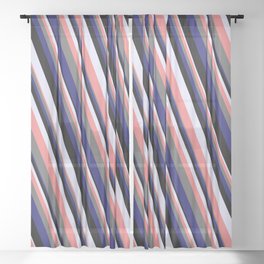 [ Thumbnail: Eye-catching Lavender, Light Coral, Dim Gray, Midnight Blue & Black Colored Striped/Lined Pattern Sheer Curtain ]