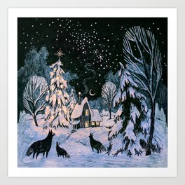 Yule Art Print | Fairylights, Cottage, Drawing, Nightsky, Curated, Christmastree, Winter, Yule, House, Digital 