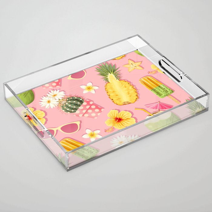 Pastel Summer Cactus Glasses Popsicle Flowers Pineapple Acrylic Tray