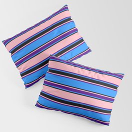 [ Thumbnail: Blue, Black, Light Pink & Indigo Colored Lines Pattern Pillow Sham ]