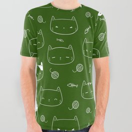 Green and White Doodle Kitten Faces Pattern All Over Graphic Tee