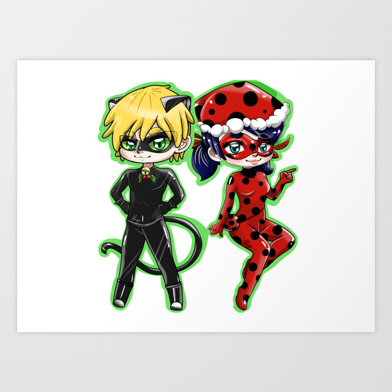 ladybug and chat noir in christmas time art print by glory99 society6