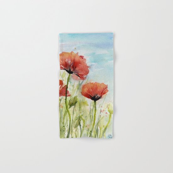 Red Flowers Watercolor Landscape Poppies Poppy Field Hand & Bath Towel
