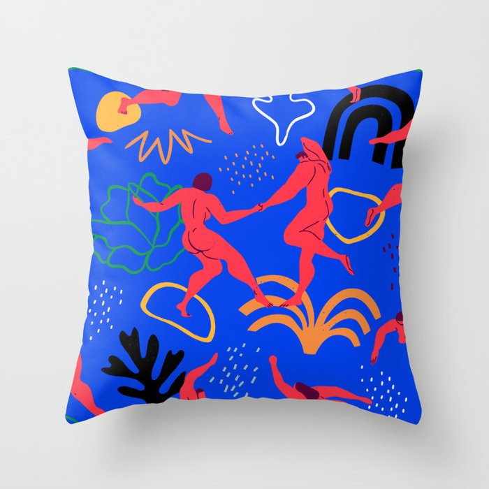 Colorful red people dancing with tropical nature decoration Throw Pillow