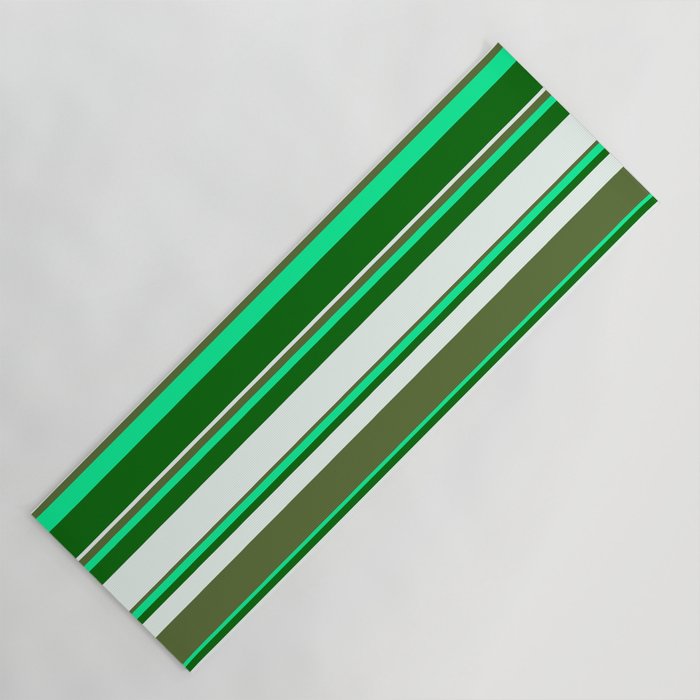 Green, Dark Green, Mint Cream, and Dark Olive Green Colored Stripes/Lines Pattern Yoga Mat