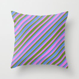 [ Thumbnail: Green, Cornflower Blue & Violet Colored Striped Pattern Throw Pillow ]