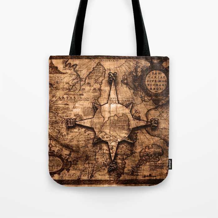 Antique World Map Compass Rose Tote, Leather World Map Bag