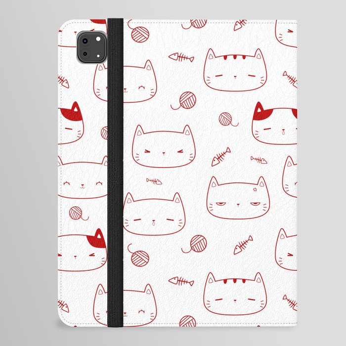 Red Doodle Kitten Faces Pattern iPad Folio Case